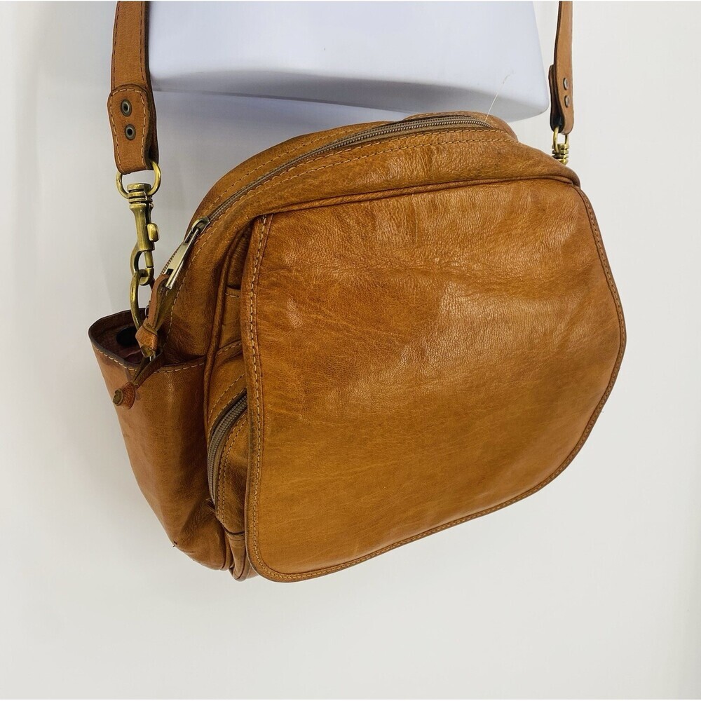 Fiocci Italy Congac Leather Cross Body Satchel Saddle Bag Vintage Brass Fittings